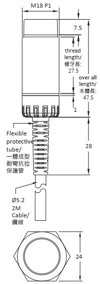 Czujnik indukcyjny analogowy PSC1808-LA03 - wymiary