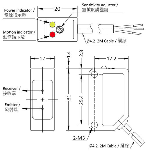 Czujnik laserowy RiKO LK3-DU10P3 - wymiary