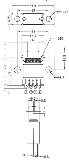 Czujnik optyczny, widełkowy RiKO RX670-P - wymiary