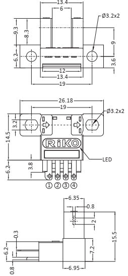 Czujnik optyczny, widełkowy RiKO RX671-P - wymiary