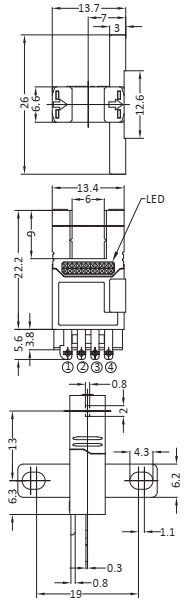 Czujnik optyczny, widełkowy RiKO RX672-P - wymiary