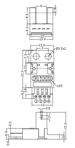 Czujnik optyczny, widełkowy RiKO RX674-P - wymiary