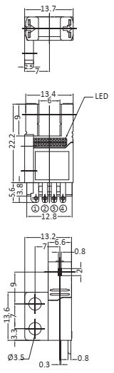 Czujnik optyczny, widełkowy RiKO RX676-P - wymiary
