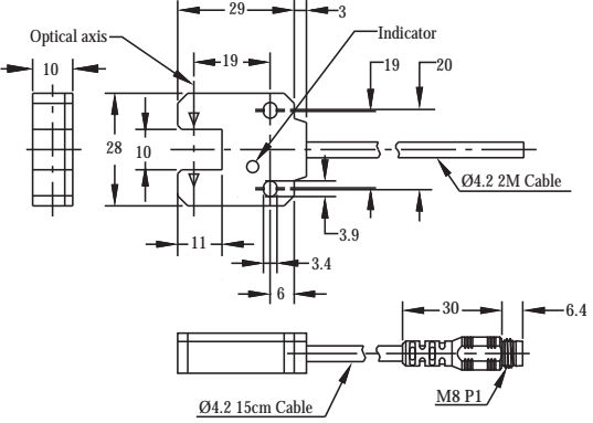Czujnik optyczny, widełkowy RiKO SU-P2 - wymiary