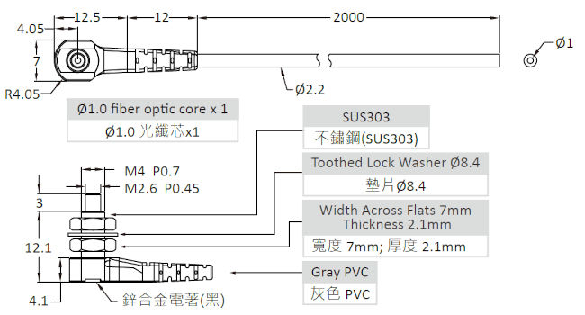 Czujnik światłowodowy, bariera PT-420-T01 - wymiary