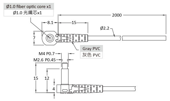 Czujnik światłowodowy, bariera PT-420-T02 - wymiary