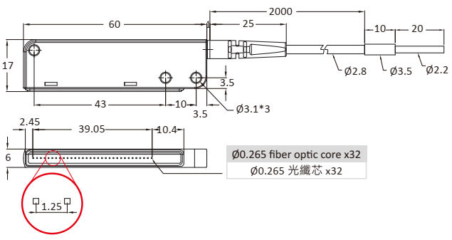 Czujnik światłowodowy, bariera PTC-060ML-20 - wymiary