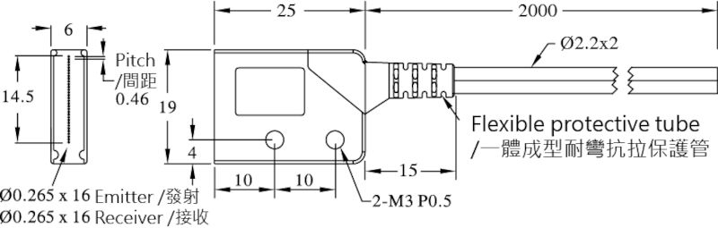 Czujnik światłowodowy, odbiciowy RiKO PR-20ML-20 - wymiary