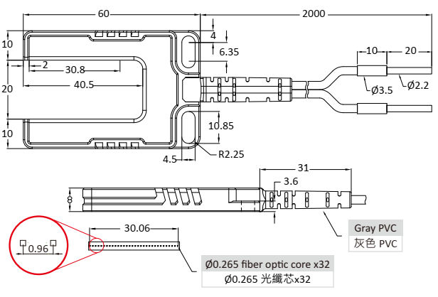 Czujnik światłowodowy, widełkowy PTC-SU20-20 - wymiary