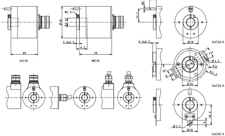 Wymiary - enkoder absoluny LIKA ASC58 A • ASC59 A • ASC60 A