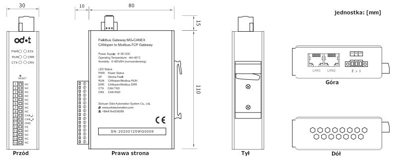 Wymiary - konwerter CANopen - Modbus TCP ODOT MG-CANEX