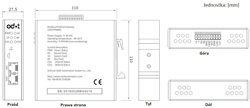 Wymiary - konwerter Modbus RTU/ASCII - ProfiNet ODOT-PNM02