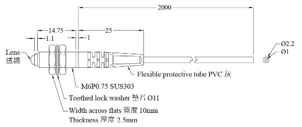 Czujnik światłowodowy, bariera PT-620-B4 - wymiary
