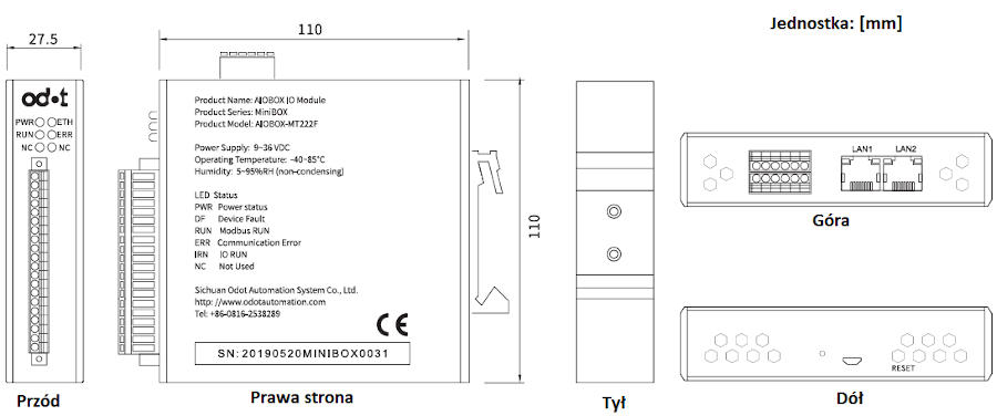 wymiary-16 wejść cyfrowych NPN/PNP - Modbus - ODOT AIOBOX-MT124F