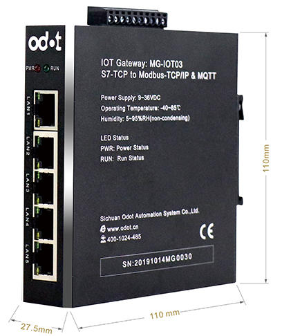 Wymiary - bramka - konwerter PLC Siemens S7 TCP na Modbus TCP oraz MQTT - ODOT IOT03