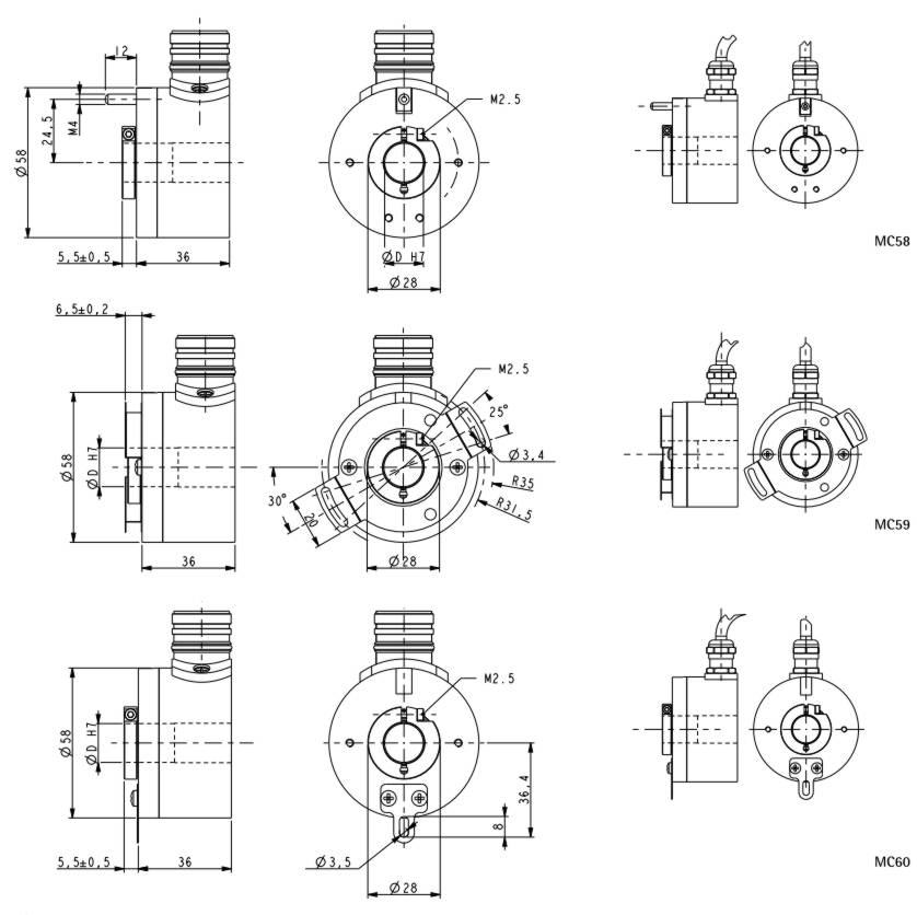 Wymiary - enkoder inkrementalny LIKA MC58-MC59-MC60