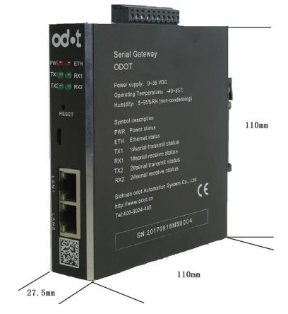 Wymiary - konwerter Modbus RTU/ASCII - Modbus-TCP ODOT S2E2