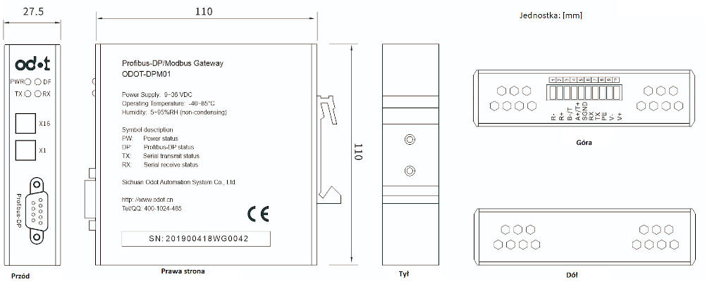 Wymiary - konwerter Modbus RTU/ASCII - ProfiBus ODOT-DPM01