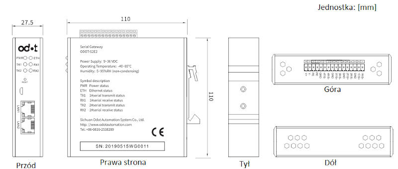 Wymiary - konwerter protokołu Modbus z RTU/ASCII na TCP ODOT-S4E4/S2E2