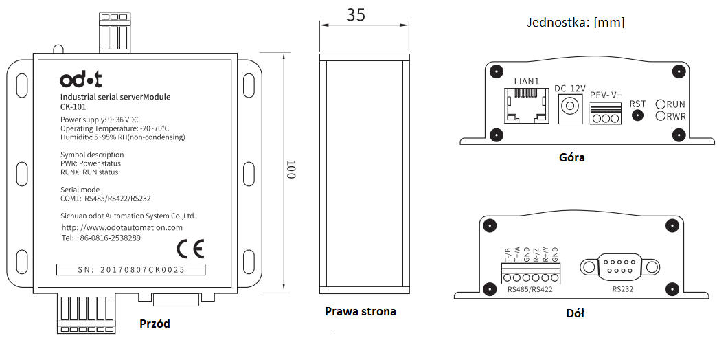 Wymiary - konwerter protokołu RS232/422/485 na TCP/IP ODOT serii CK100
