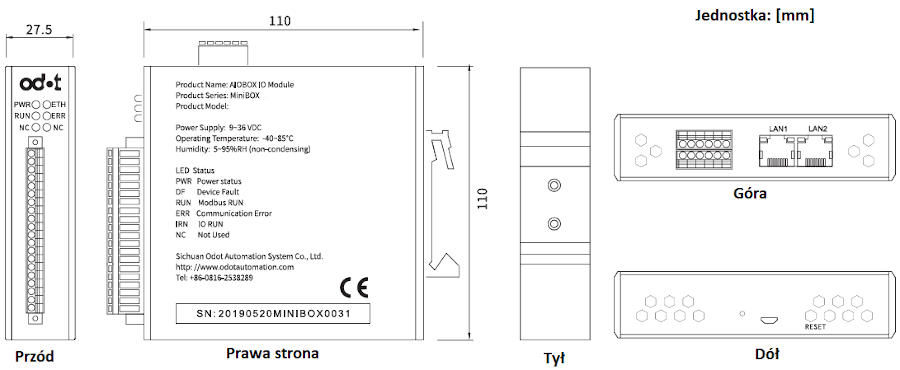 Wymiary - Moduły wejść-wyjść Mini ODOT AIOBOX-MT