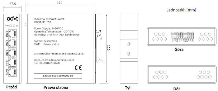 Wymiary - przemysłowy switch niezarządzalny Ethernet ODOT-MS100T