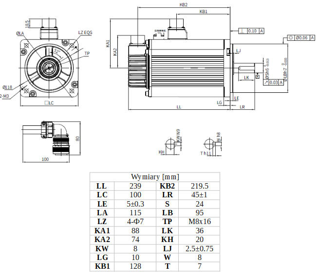 Wymiary - serwomotor 1,5kW INOVANCE MS1H2-15C30CB-A334Z-INT z hamulcem