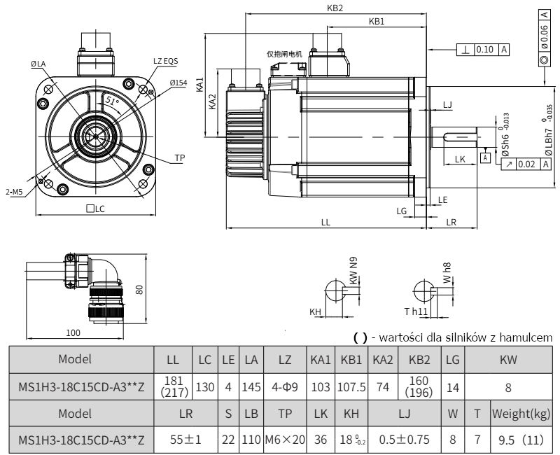 Wymiary - serwomotor 1,8kW INOVANCE MS1H3-18C15CD-A331Z-INT