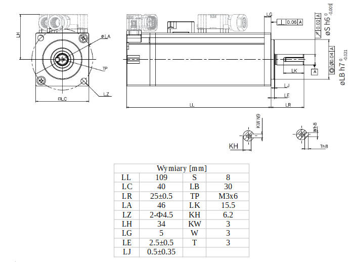 Wymiary - serwomotor 100W INOVANCE MS1H1-10B30CB-A332Z-INT z hamulcem