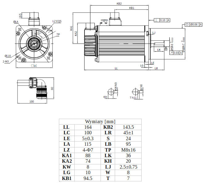 Wymiary - serwomotor 1kW INOVANCE MS1H2-10C30CB-A331Z-INT