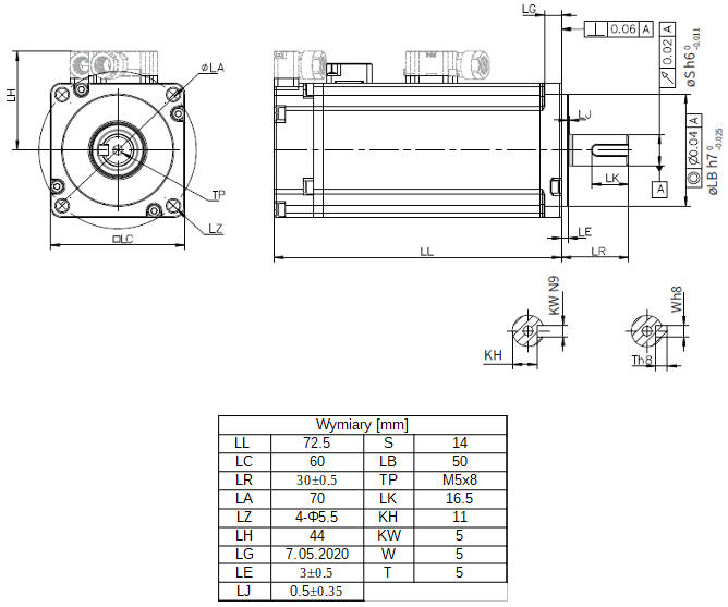 Wymiary - serwomotor 200W INOVANCE MS1H1-20B30CB-A331Z-INT