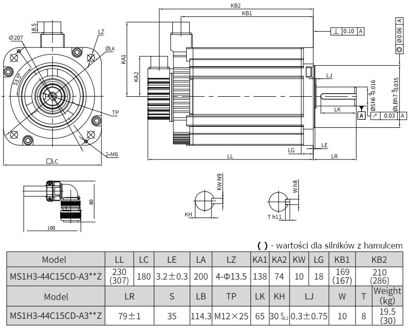 Wymiary - serwomotor 4,4kW INOVANCE MS1H3-44C15CD-A331Z-INT