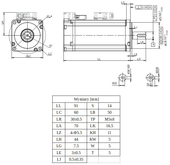 Wymiary - serwomotor 400W INOVANCE MS1H1-40B30CB-A331Z-INT