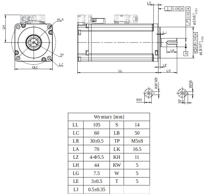 Wymiary - serwomotor 400W INOVANCE MS1H4-40B30CB-A331Z-INT