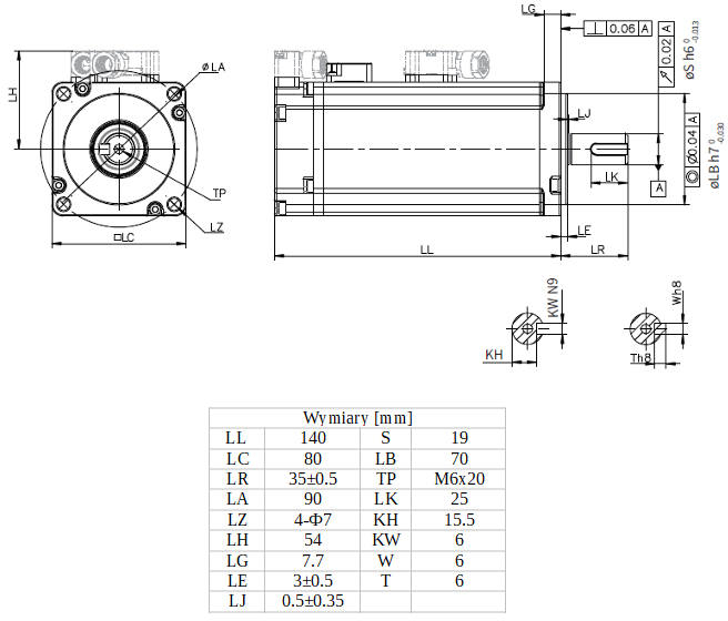 Wymiary - serwomotor 750W INOVANCE MS1H1-75B30CB-A331Z-INT