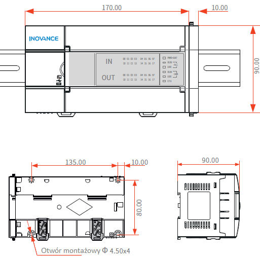 Wymiary - sterownik PLC INOVANCE H3U-1616MR-XP